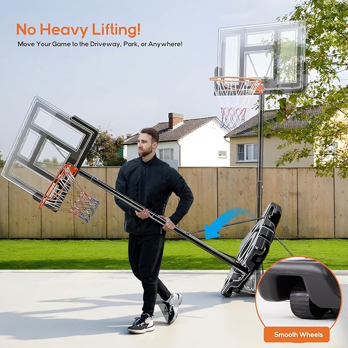 Portable Basketball Hoop Outdoor, Adjustable Basketball Hoops Goal System Shatterproof Backboard, Shock Absorbent Rim, Fillable Base for Swimming Pool/Backyard/Driveway