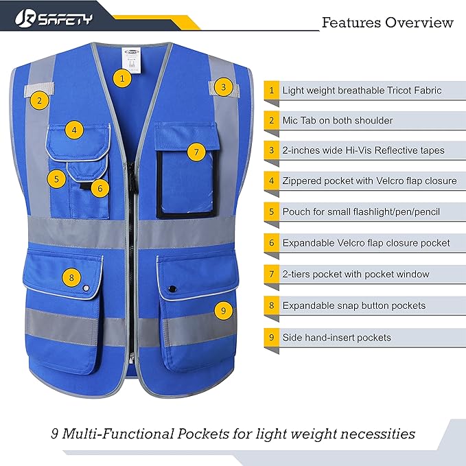 JKSafety 9 Pockets High Visibility Zipper Front Safety Vest With Reflective Strips Meets ANSI/ISEA Standard (150Blue-L)