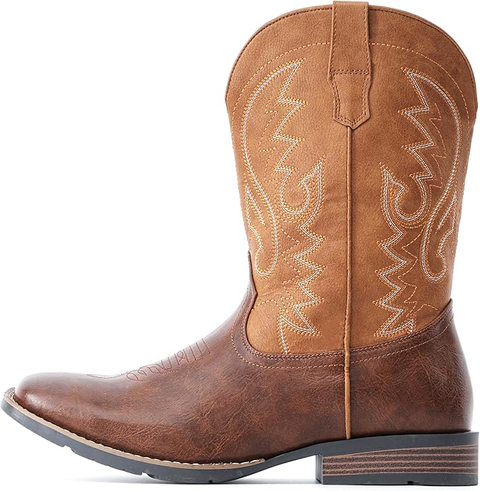 IUV Cowboy Boots For Men with Wide Square Toe Western Retro Boot Durable Classic Fashionable Embroidered Pull On Slip Resistant Boots