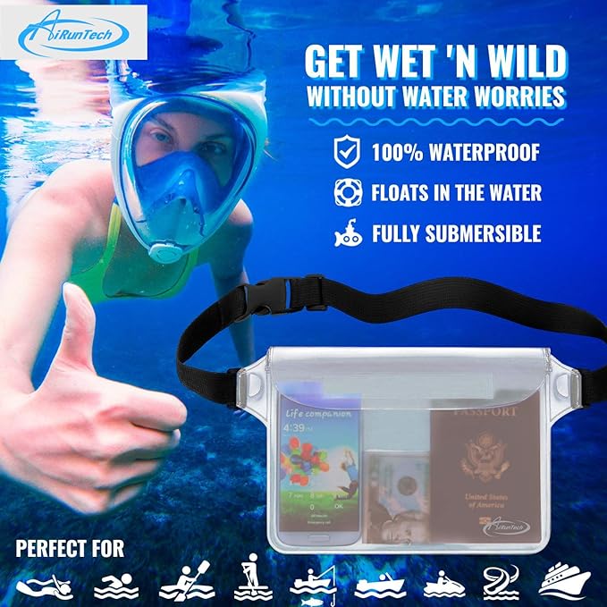 AiRunTech 防水ファニーパック、パスポート財布ポーチ用スマホ防水ケース、旅行・ビーチ・水泳・カヤック・ボート・クルーズ用品用フローティング防水バッグ