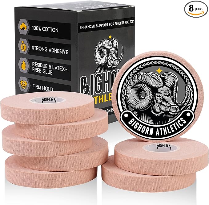 Bighorn Athletics Jiu Jitsu Finger Tape, Rock Climbing Tape | Multipurpose for Sports & Injuries: MMA, Volleyball, Football, Basketball, Tennis, Golf, Hands & Toes, 0.5-Inch x 45-feet, 8-Rolls, Nude