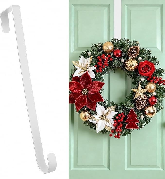HOOSUN Wreath Hangers for Front Door St Patricks Day Decorations,14 Inch Metal Wreath Hook Holder for Spring Decor,20 Lbs White Over The Door Wreath Hanger for Spring Wreath Front Porch Easter Decor