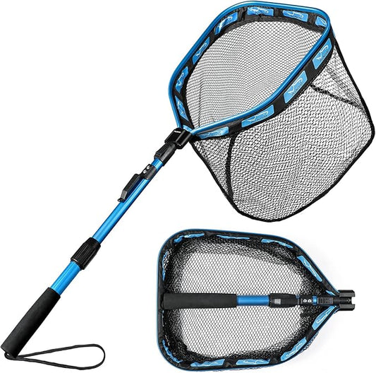 PLUSINNO Floating Fishing Net for Steelhead, Salmon, Fly, Kayak, Catfish, Bass, Trout Fishing, Rubber Coated Foldable Landing Net with Fixed or Telescoping Pole Handle, Fishing Gear and Gifts for Men