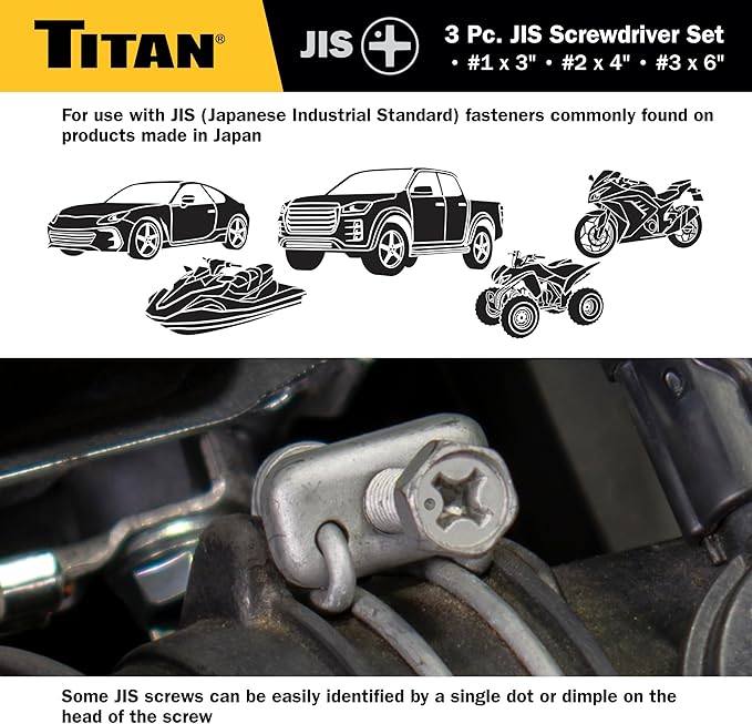 Titan 65885 JIS 3-Piece Screwdriver Set with Magnetic Tips – Includes #1 x 3", #2 x 4", #3 x 6" – Designed for Japanese Standard Screws, Compatible with Japan-Made Cars, Trucks, and Motorcycles