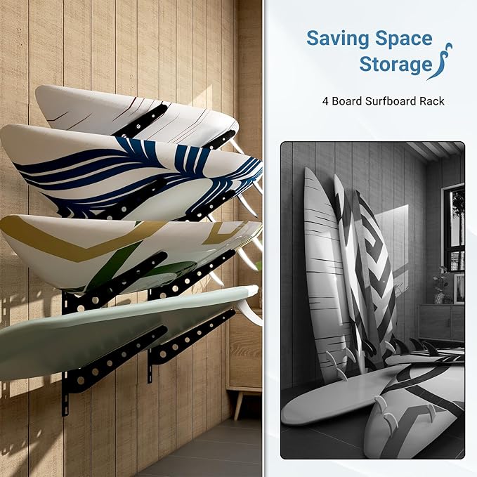 2/3/4/6 Board Horizontal Surfboard Rack, Adjustable Surfboard Wall Mount Display, Surfboard Wall Rack Board Storage Mount System at Home and Garage