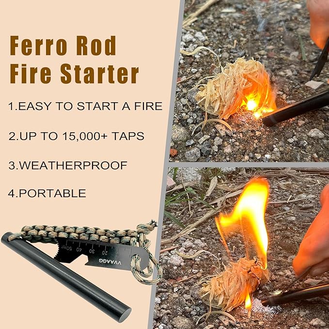 VVAAGG Flint and Steel Fire Starter Kit Survivor, 3/8" 1/2 inch Ferro Rods and Magnesium Rods with Paracord Handle