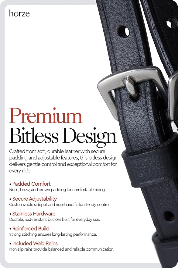 HORZE Denver Soft Leather English Side Pull Bitless Bridle for Horses | Web Reins Included