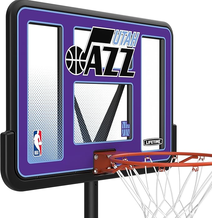 Lifetime NBA Utah Jazz Portable Basketball Hoop, Adjustable Height 7.5-10 Ft, 44 Inch Shatterproof Fusion Backboard, Base with Wheels