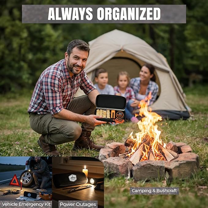 Tactiko 6-in-1 All-Weather Survival Fire Starter Kit - Complete Emergency Set with Ferro Rod, Striker, Fire Wax, 4 Waxed Wood Starters, Waterproof Matches, Collapsible Blower & Zippered Case