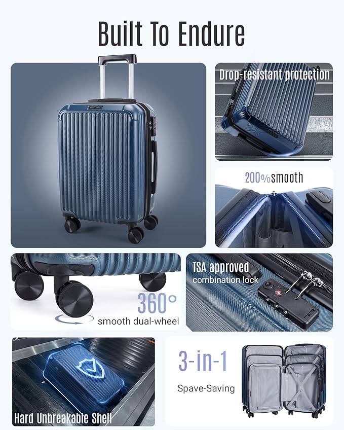 LIGHT FLIGHTスーツケースセット、耐久性のあるハードシェル3点セット、スピナーホイール付き、TSAロック付き軽量ハードサイドスーツケースセット、大型旅行用スーツケースセット（20インチ24インチ28インチ）、ルージュダスト