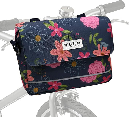 Bike Handlebar Bag, 2.9L Waterproof Bicycle Front Basket Bag with Reflective Strip, Convertible Shoulder Bag for Women, Floral Bike Pouch for Cycling Commuting Outdoor (Blue Floral)