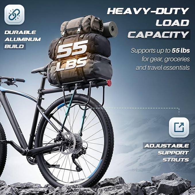 Flexzion Bike Rear Rack, 55 lbs Adjustable Bicycle Rear Rack for Back of Bike, Aluminum Bike Cargo Carrier for 26-28 Inch Wheels, Rear Mount Luggage Platform for Commuter, Touring & Cruiser Bikes