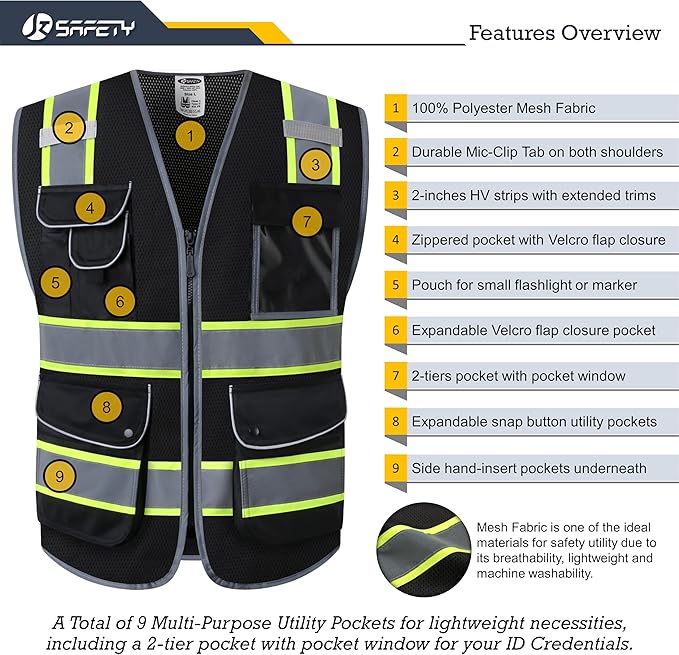JKSafety 9 Pockets Hi-Vis Black Safety Vest for Men Women High Visibility Reflective Construction Mesh Fabric Cushioned Collar Work Utility PPE Work Gear ANSI/ISEA compliant (100-Black, 3XL)