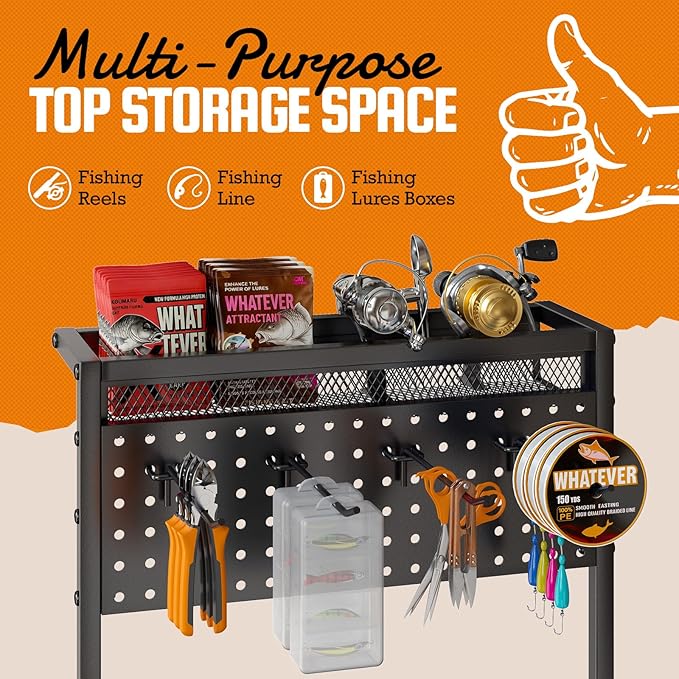 Fishing Rod Holders for Garage with Pegboard & Metal Mesh Basket, Fishing Rod Storage Rack, Vertical Fishing Pole Holder for Up to 12 Poles, Tackle Gear Organizer