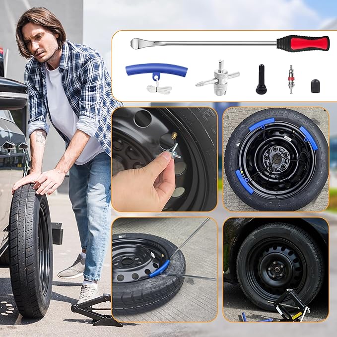 HTOMT 14.5" Tire Spoon Kit, 26pcs Tire Changing Tool for Motorcycle Dirt Bike Lawn Tractor Bicycle, Motorcycle Tire Changer Tire Removal Tool with 3pcs Rim Covers 6pcs Valve Tool Valve Cores