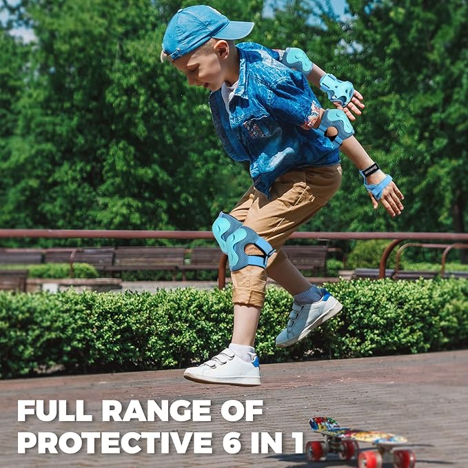 BOSONER Knee Pads for Kids Roller-Skating: Adjustable Protective Gear Set Knee Elbow Pads Wrist Guards for Bike Cycling Skateboarding Scooter Gifts 3-8 / 9-15 Years Boys Girls