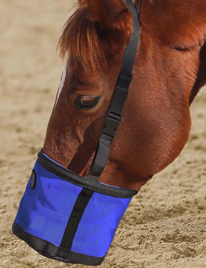 Harrison Howard Horse Muzzle Feed Bag Nylon Mesh Grain Feed Bag with Padded Neck Strap Adjustable Belt Dark Blue Small