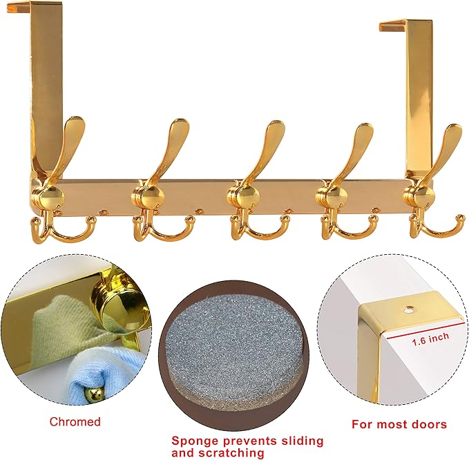 Dseap Over The Door Hook Hanger - Fits 1 3/8" to 1 3/4" Standard Doors | 5 Tri Hooks Heavy Duty Towel/Coat Rack | Door Organizer for Clothes, Jackets, Hats, Towels, Gold