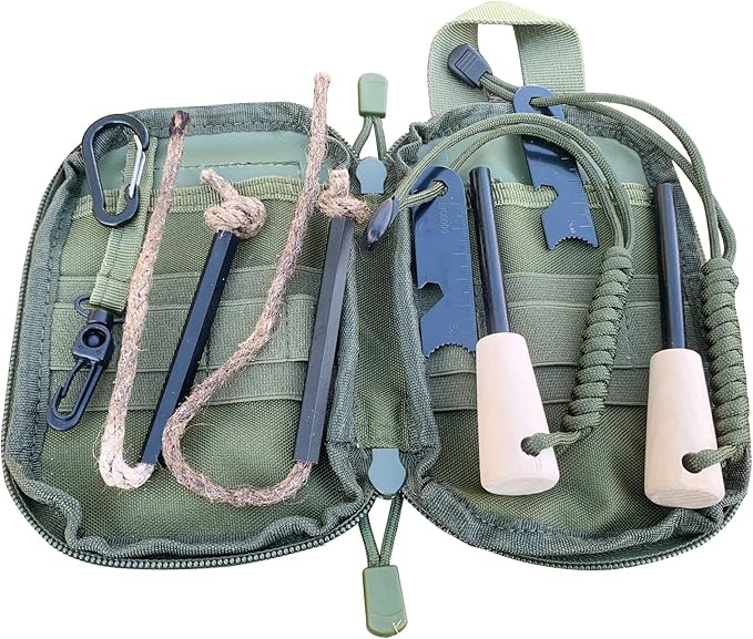 Fire Starter Survival Kit, Larger Ferro Rod with Striker Lanyard 3in Long Flint and Steel, 13.8in Wick Hemp Cord, Multifunctional Bag