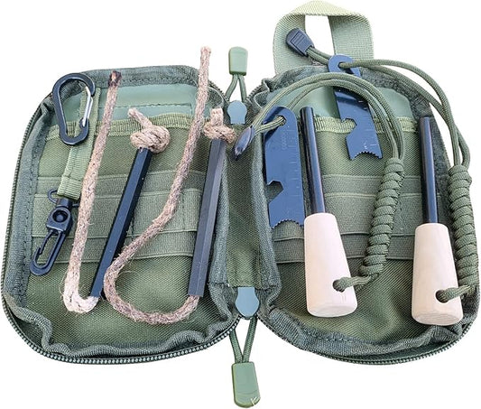 Fire Starter Survival Kit, Larger Ferro Rod with Striker Lanyard 3in Long Flint and Steel, 13.8in Wick Hemp Cord, Multifunctional Bag