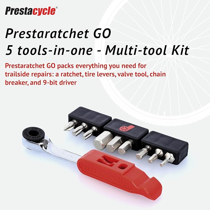 Prestacycle Prestaratchet GO 5-in-1 Bicycle Multi-Tool Kit – Ratcheting Wrench, Tire Lever, Chain Link Remover, Valve Core Tool – Ultra-Compact 25g Bike Repair Tool