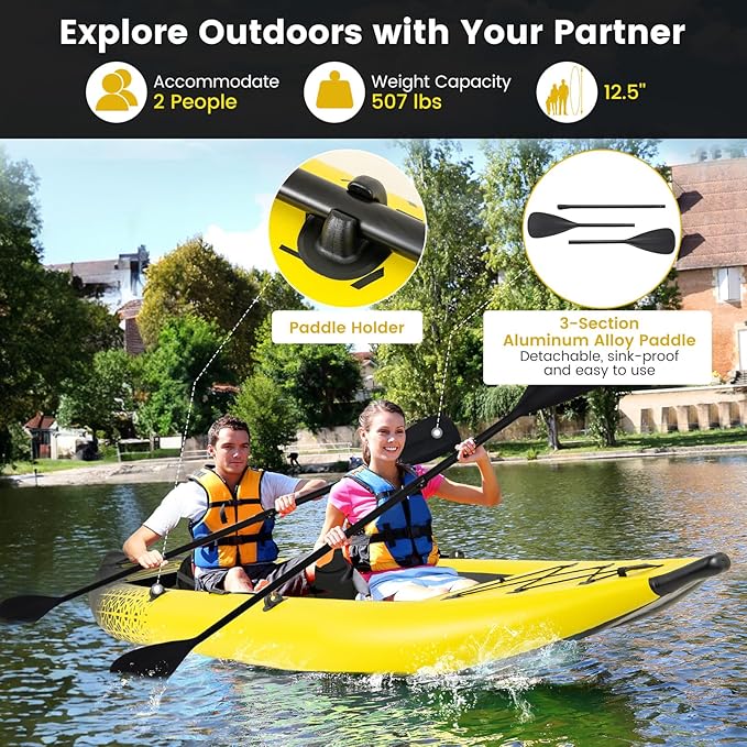GYMAX Inflatable Kayak, 12.5Ft 507lbs Tandem Kayak with 2 Aluminum Paddles, 2 Padded Seats, Footrests, 2 Fins, Hand Pump, Carry Bag & Repair Kit, 2 Person Fishing Touring Kayak for Adults