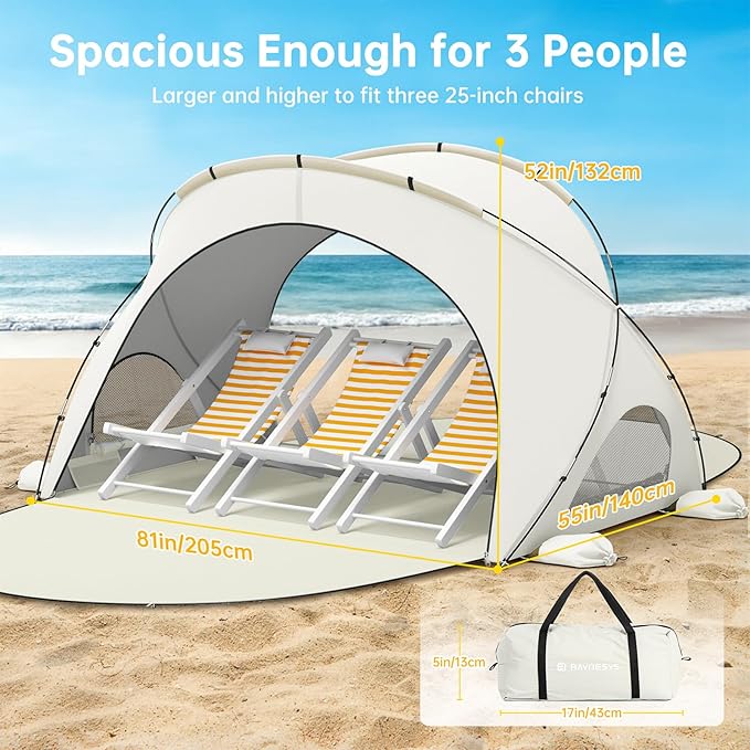 Beach Tent Sun Shelter, Beach Shade Tent with UPF50+ UV Protection, Sun Shelter for 1-3 Person, Beaches Shade with 2 Zippered Doors, Portable Tents for Camping Fishing, Beige