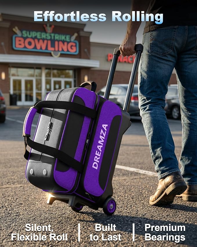 2 Ball Bowling Bag with Wheels, Double Bowling Ball Bag 2 Ball Roller w/Separate Compartment for Shoes Up to US Mens Size 16, w/Retractable Handle Extends to 40" & Accessories Pocket