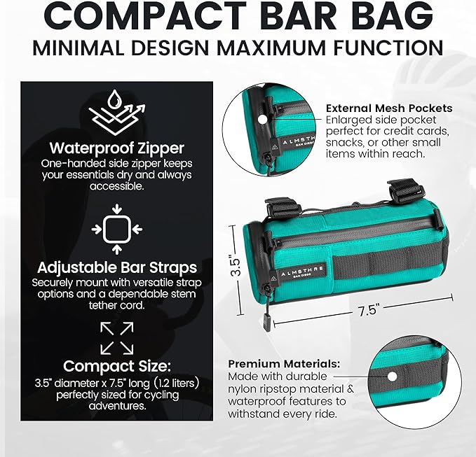ALMSTHRE Compact Bar Bag – Sterling Aqua | Hard-Shell Bike Handlebar Bag with Waterproof Zipper & Adjustable Straps | Lightweight Bicycle Handlebar Bag, Compatible with Road, Gravel & MTB Bikes