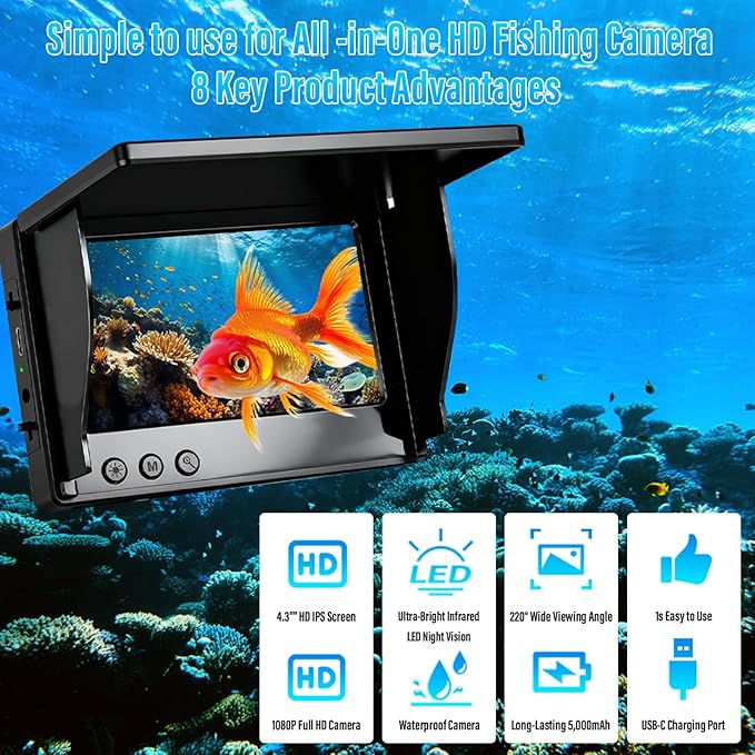 フィッシングカメラ、220°超広角1080P HD水中フィッシングカメラ（4.3インチLCD＆IRナイトビジョン、50フィートケーブル付属）-氷上釣り、湖釣り、ボート釣り、カヤック釣り用