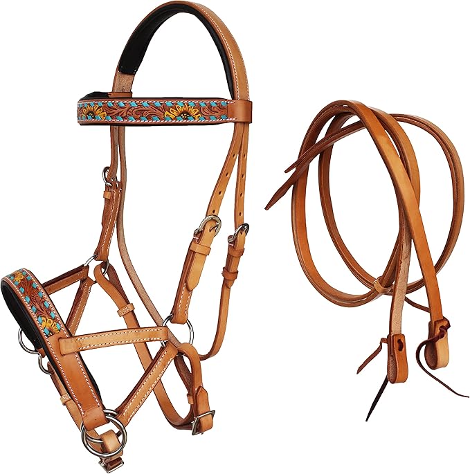 Horse Western Leather Sunflower Bitless Sidepull Bridle Split Reins 77RS27TN