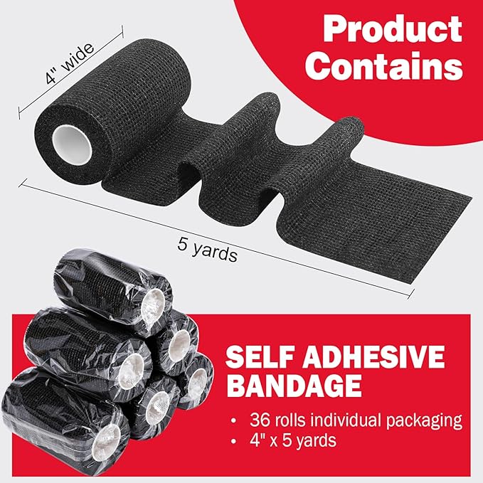 AZEN 36 Pack Self Adhesive Bandage Wrap, 4" X 5 Yards Elastic Cohesive Bandage Wrap, Black Athletic Tape, Tattoo Grip Tape Wrap, Vet Wrap, Ankle Tape