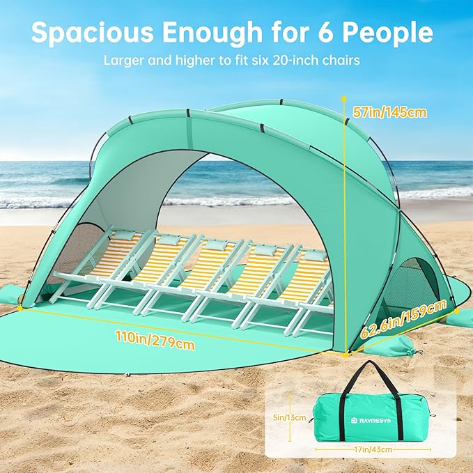 Beach Tent Sun Shelter, Beach Shade Tent with UPF50+ UV Protection, Sun Shelter for 1-6 Person, Beaches Shade with 2 Zippered Doors, Portable Tents for Camping Fishing, Green