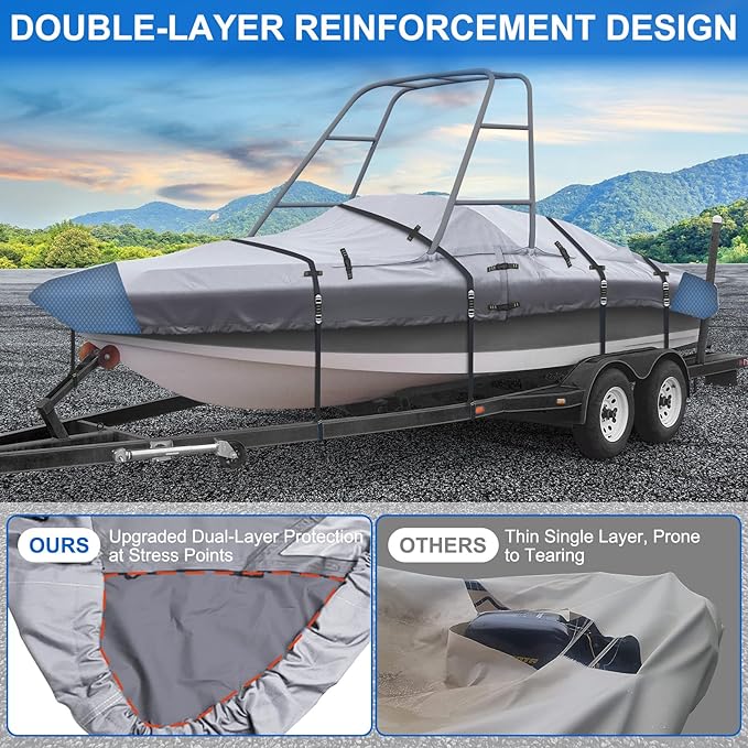 900D Ski & Wakeboard Tower Boat Cover 22-24ft, Waterproof Heavy-Duty Winter Boat Wrap with Reinforced Straps & Vents, Trailerable Wake Tower Jet Ski Covers for All Seasons Protection, Gray