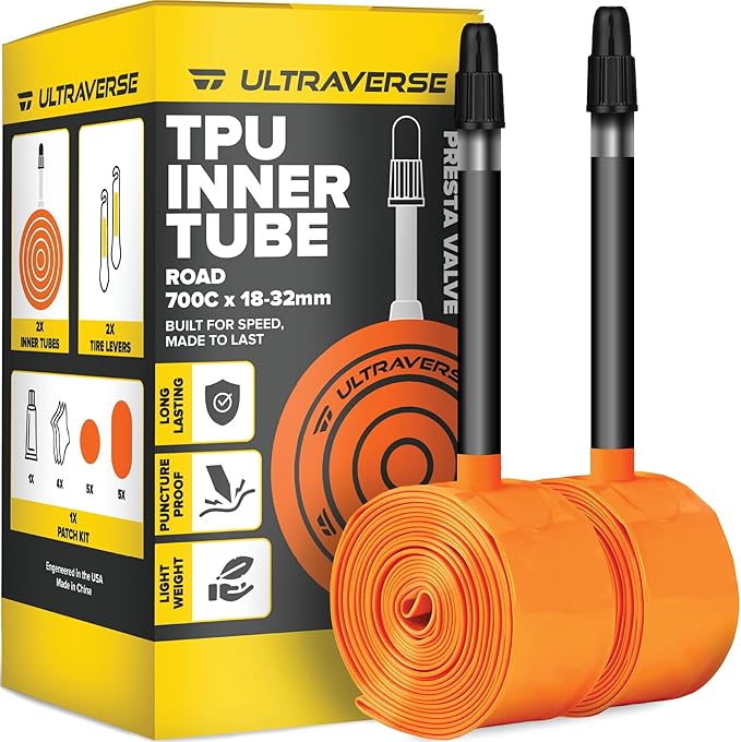Ultraverse TPU Road Bike Inner Tube 700 x 18-32 with 45mm, 65mm, 85mm Presta Valves Ultra Lightweight Tubes for Road and Gravel Bicycles - 2 Pack with Repair Patch Kit