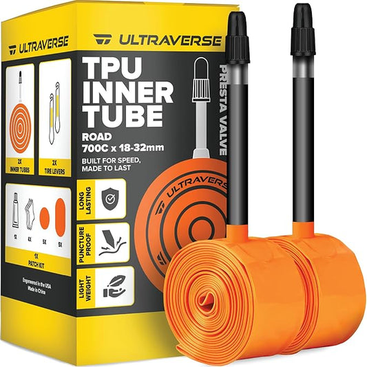 Ultraverse TPU Road Bike Inner Tube 700 x 18-32 with 45mm, 65mm, 85mm Presta Valves Ultra Lightweight Tubes for Road and Gravel Bicycles - 2 Pack with Repair Patch Kit