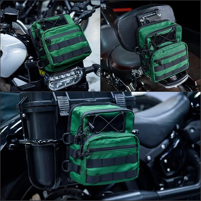 Motorcycle Universal Club Style Utility Molle Traveller Bar Handlebar T-Bar Bag Handle Bags, Fit For Harley Dyna Street Bob Softail Sportster, Tool Pouch Trunk Storage Bag, Snake Venom Green