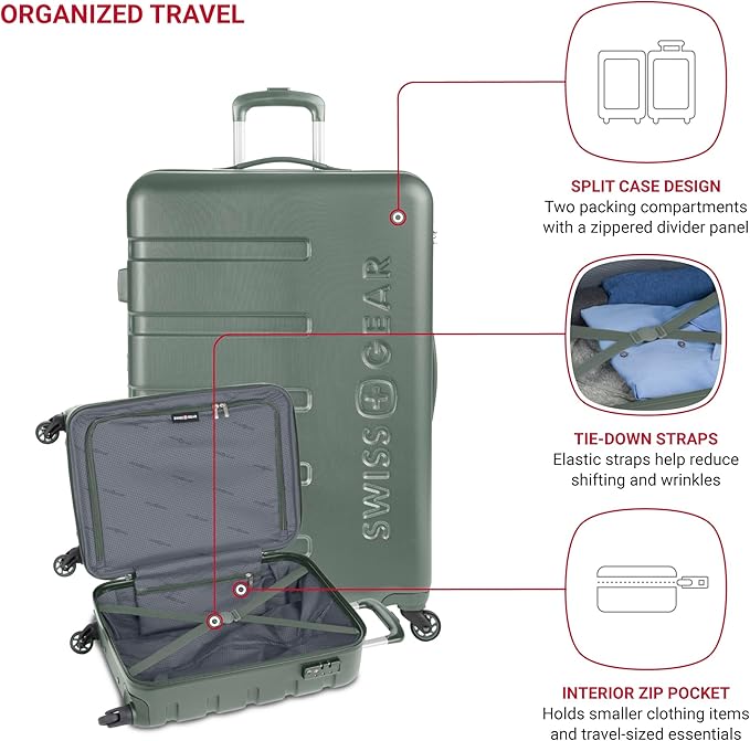 SwissGear 7366 シグネチャー ハードサイド 拡張可能ラゲッジ スピナーホイール、TSAロック、カップホルダー付き、オリーブ、2点セット (19/27)