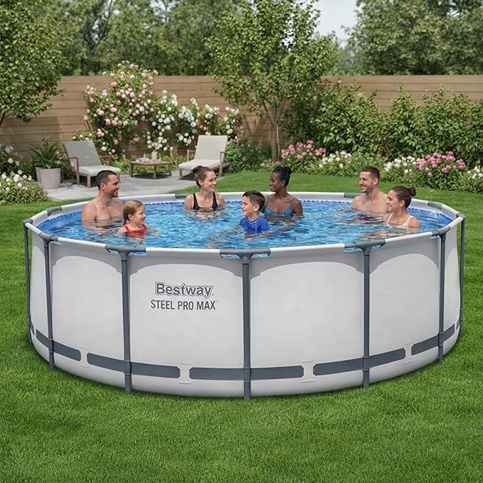 Bestway Steel Pro MAX 14' x 48" Above Ground Pool, Round Metal Frame Outdoor Swimming Pool Set with Filter Pump, Ladder, and Cover, Gray