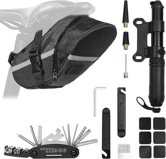 Bicycle Seat Bag Water Proof with Bike Tool Kit, Bike Repair Kit with Bike Tire Pump Bicycle Repair Bag Portable Wrenches Glueless Tire Patchs 15 in 1