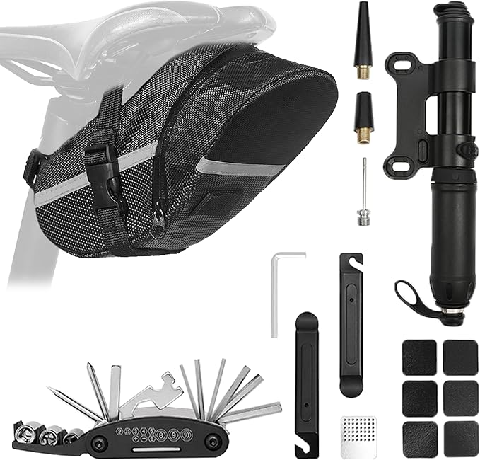 Bicycle Seat Bag Water Proof with Bike Tool Kit, Bike Repair Kit with Bike Tire Pump Bicycle Repair Bag Portable Wrenches Glueless Tire Patchs 15 in 1