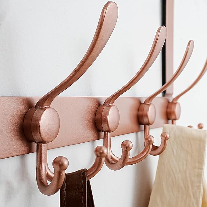 Dseap Over The Door Hook Hanger - Fits 1 3/8" to 1 3/4" Standard Doors | 5 Tri Hooks Heavy Duty Towel/Coat Rack | Door Organizer for Clothes, Jackets, Hats, Towels, Rose Gold