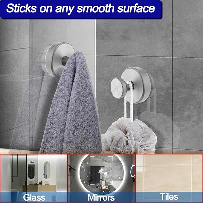 Suction Cup Hooks for Door Wreaths, Vacuum Suction Wreath Hanger for Front Door Window Glass, Bath Robe Looafh Shower Hooks for Inside Shower - 2 Pack, Silver