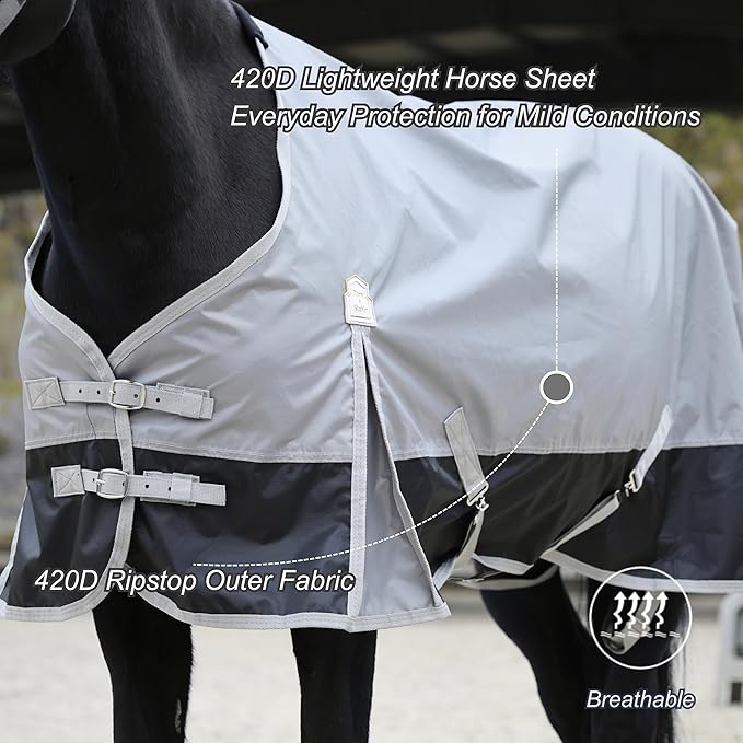 BARN & STABLE 420D Ripstop Lightweight Horse Turnout Sheet, No Fill, Water-Resistant & Breathable Horse Blanket for Spring and Mild Weather, with Anti-Rub Fleece Withers