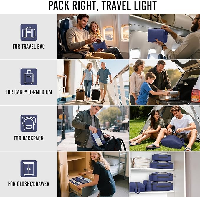 Veken パッキングキューブ10点セット 旅行必需品 スーツケース整理バッグ 4サイズ 機内持ち込み手荷物アクセサリー 大型ランドリー＆吊り下げ式トイレタリーバッグ付き 飛行機、ロードトリップ、キャンプの必需品