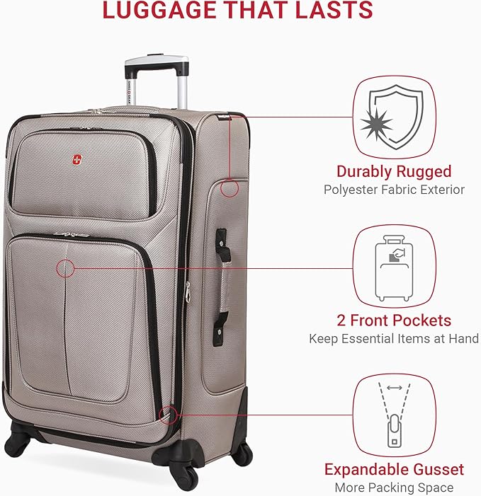 SwissGear Sion Softside Expandable Luggage – Large Checked Suitcase with 360 Degree Wheels & Retractable Handle – 29 Inch, Perfect for 7-9 Night Trips – Pewter