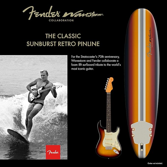 Fender x Wavestorm Collaboration 8ft Surfboard | Graphic top Deck with high Density Slick Bottom | for Kids and Adults | Foam Construction with Accessories | Leg Leash and Fin Set Included