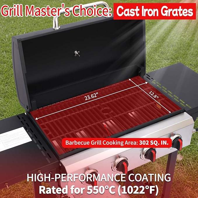 4-Burner Propane Gas Grill, 38250 BTU Outdoor BBQ Grill with Cast Iron Grates & Foldable Side Shelves, Portable Grill for Backyard, Patio, Camping, Black