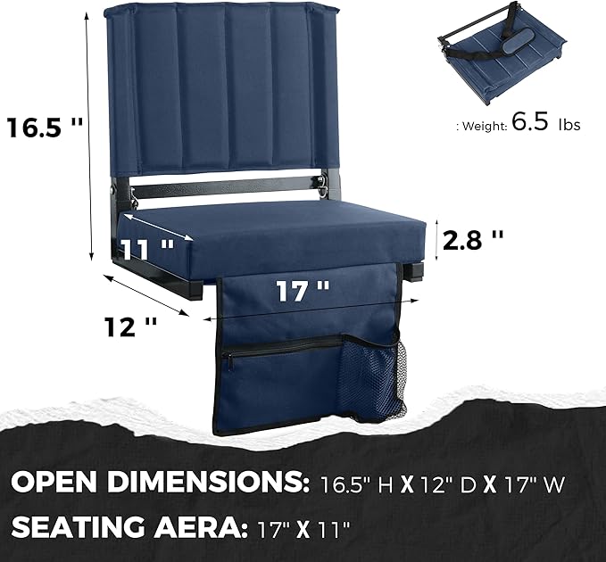 SPORT BEATS Stadium Seats with Back Support Bleacher Chairs with Back and Cushion Thick Padded Bleacher Seats Includes Shoulder Strap Navy Blue 2pcs Standard
