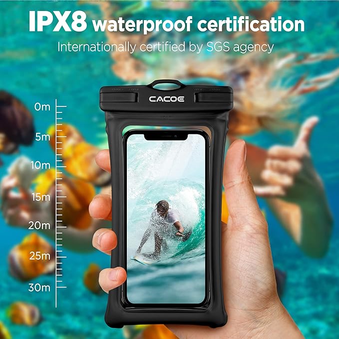 CACOE【水に浮く】フローティング 防水ケース スマホ用 2個セット-7.0インチまで対応、調節可能なネックストラップ付きスマホポーチ、IPX8 携帯電話ドライバッグ ビーチ・プール・水泳用（ブラック+ブラック）